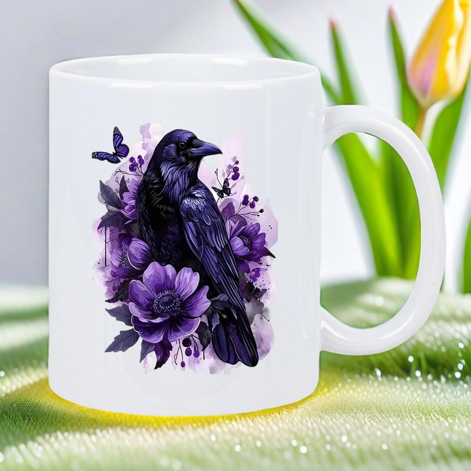 Tailorly White Ceramic 11 oz Mug - Mysterious Midnight Bird Perched Among Elegant Blooming Deep Purple Floral Petals Raven