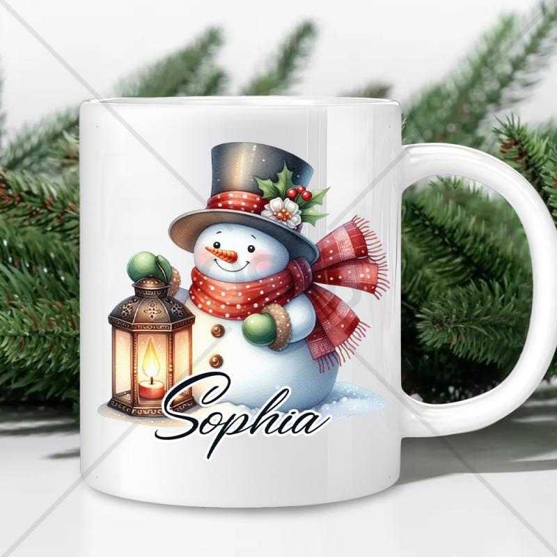 Tailorly White Ceramic 11 oz Mug - Sophia Cute Winter Snowman Wearing Plaid Scarf Holding A Glowing Lantern Snowman