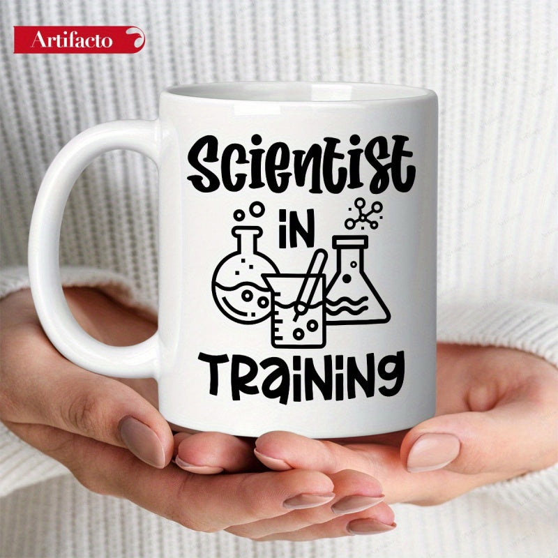 Tailorly White Ceramic 11 oz Mug - Scientist In Training Minimalist Black Line Laboratory Glassware Icons With Bubbles And Atom Symbols Mug
