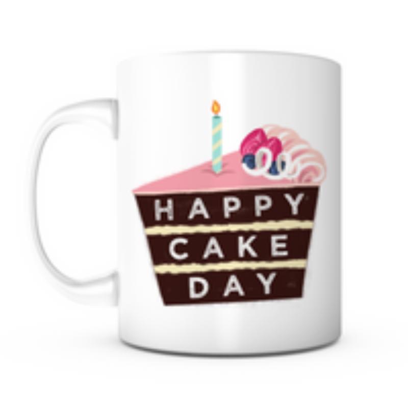 Tailorly White Ceramic 11 oz Mug - Happy Cake Day Delicious Chocolate Slice Topped With Pink Icing Cream And Berries Candle Cake