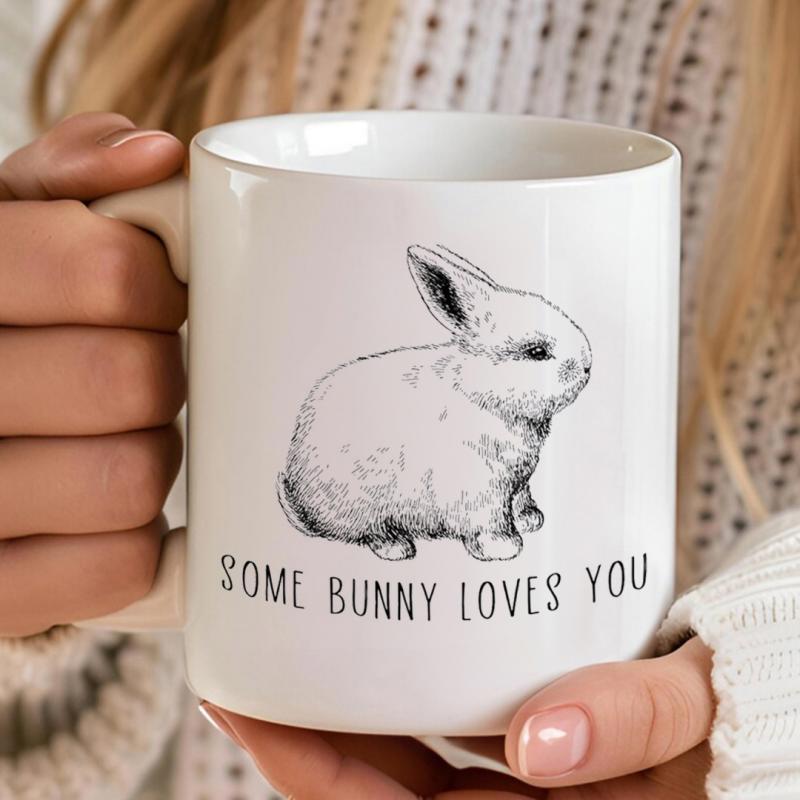 Tailorly White Ceramic 11 oz Mug - Some Bunny Loves You Adorable Hand Drawn Sketch Sitting Peacefully With Minimalist Line Art Rabbit