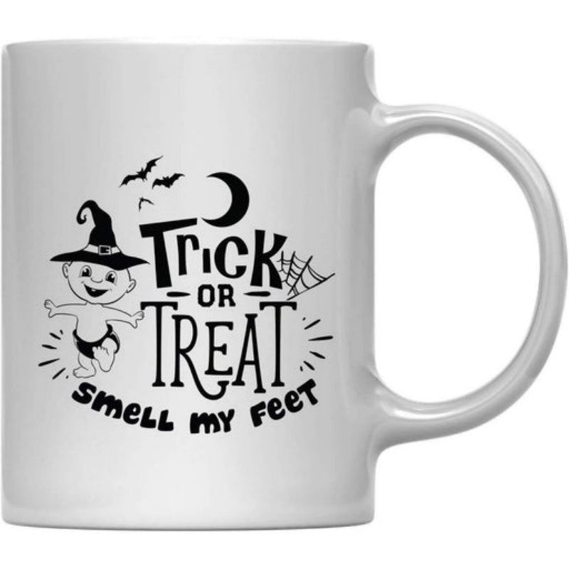 Tailorly White Ceramic 11 oz Mug - Trick Or Treat Smell My Feet Playful Halloween Baby Dancing Under Moon And Bats Witch