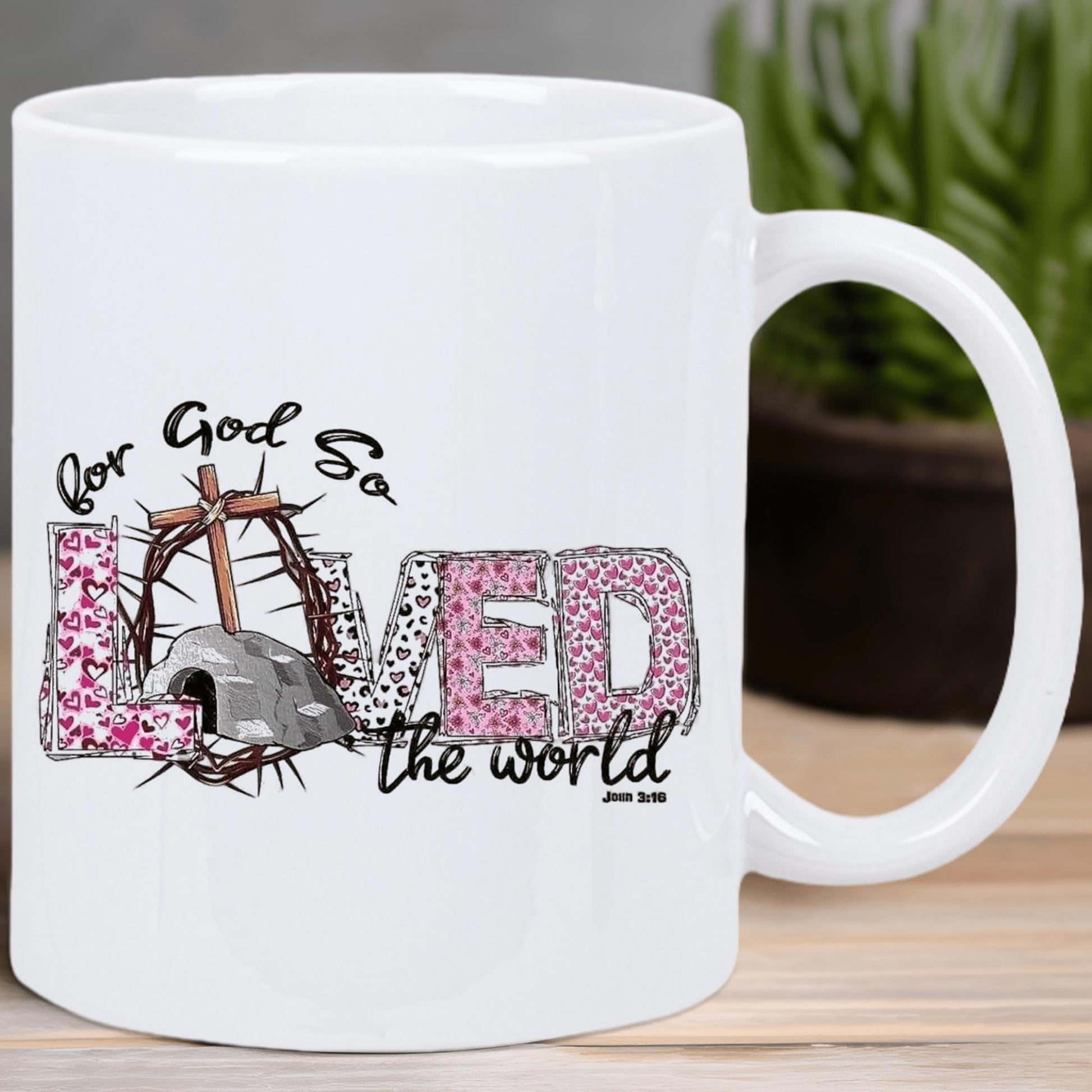 Tailorly White Ceramic 11 oz Mug - For God So Loved The World John 316 Religious Symbols With Thorns And Empty Tomb Behind Floral Patterned Cross