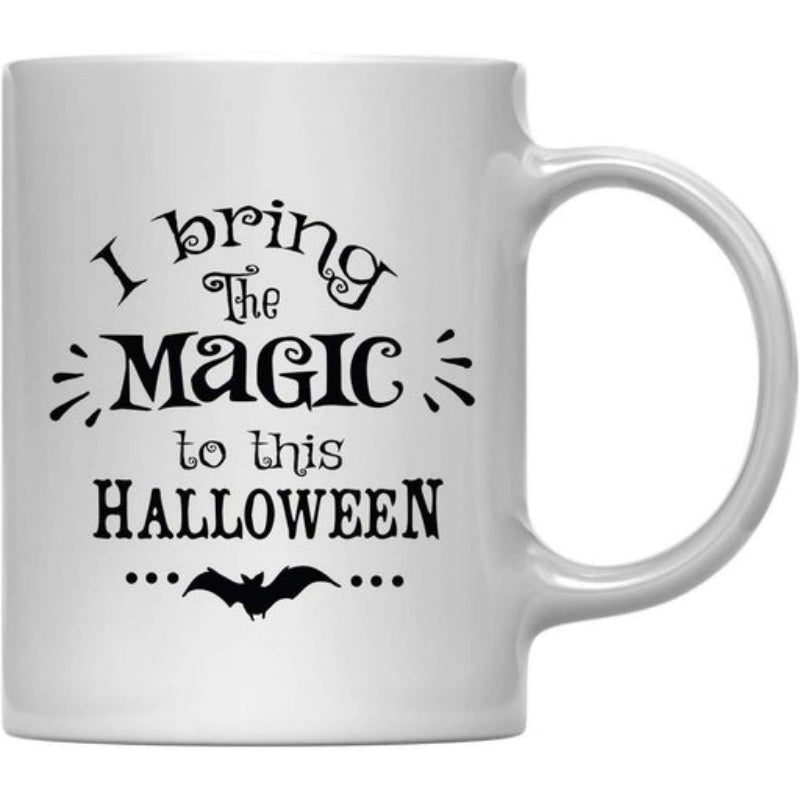 Tailorly White Ceramic 11 oz Mug - I Bring The Magic To This Halloween Mystical Silhouette Flying Under Decorative Hand Lettering Style Bat