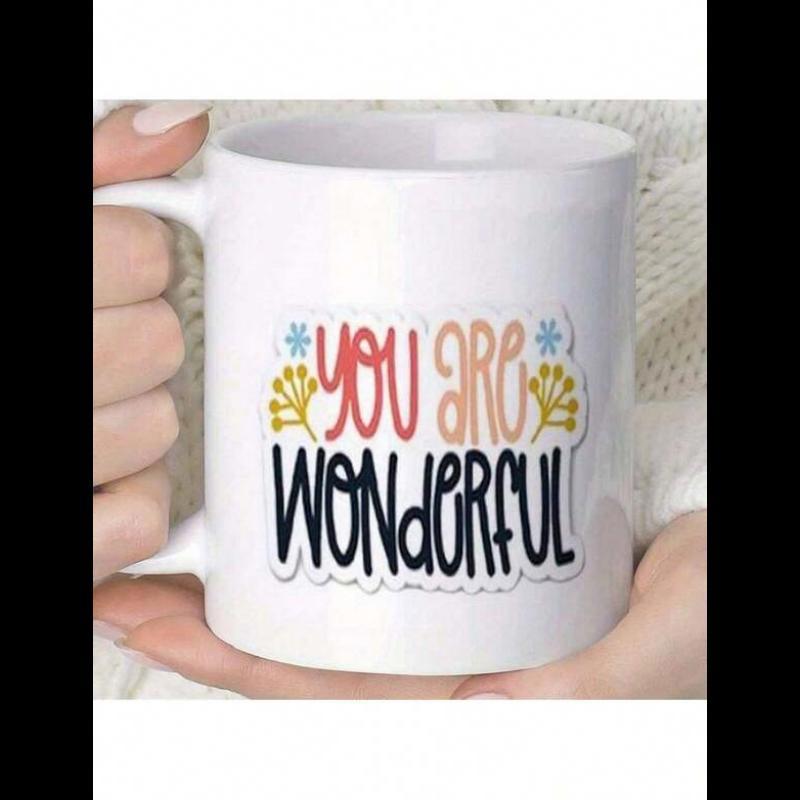 Tailorly White Ceramic 11 oz Mug - You Are Wonderful Elegant Hand Lettered Text Surrounded By Small Colorful Blooming Garden Sprigs Flower