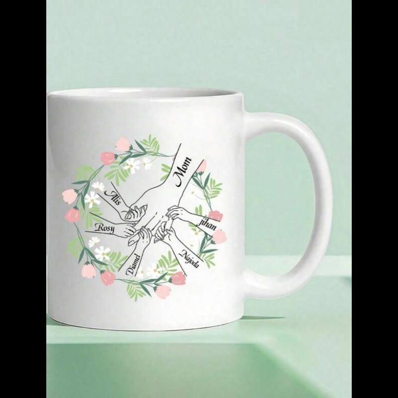 Tailorly White Ceramic 11 oz Mug - Mum Anna Liam Noah Sophie Delicate Floral Wreath Encircling Gentle Family Togetherness Unity Hands