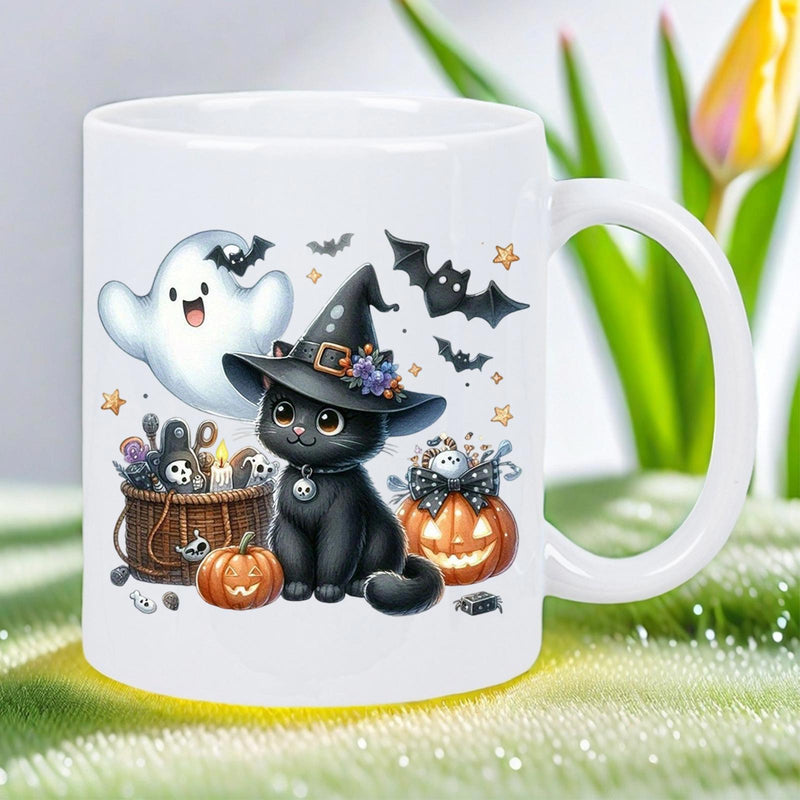 Tailorly White Ceramic 11 oz Mug - Cute Halloween Theme Featuring Friendly Ghost And Pumpkin Next To Witch Cat