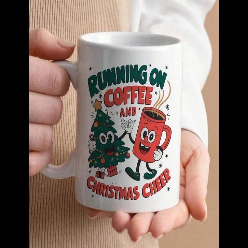 Tailorly White Ceramic 11 oz Mug - Running On Coffee And Christmas Cheer Festive Animated Christmas Tree High Fiving A Smiling Red Coffee Mug Character
