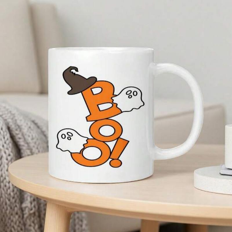 Tailorly White Ceramic 11 oz Mug - Boo Spooky Orange Halloween Letters Wearing Witch Hat Accompanied By Floating Friendly Ghost
