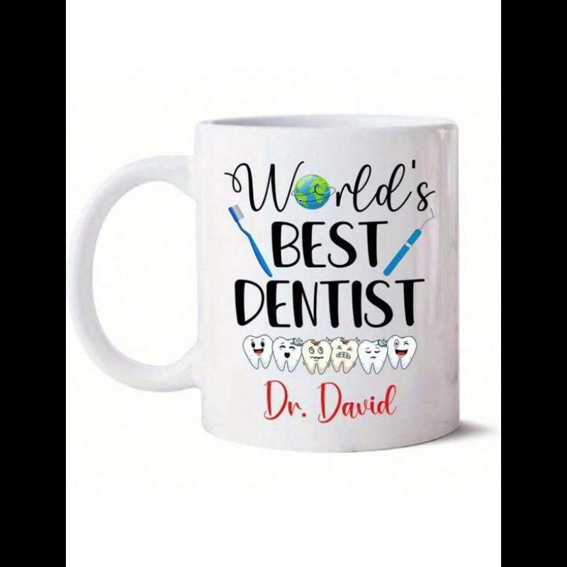 Tailorly White Ceramic 11 oz Mug - Worlds Best Dentist Dr David Cute Cartoon Teeth With Smiling Faces And Dental Tools Mug