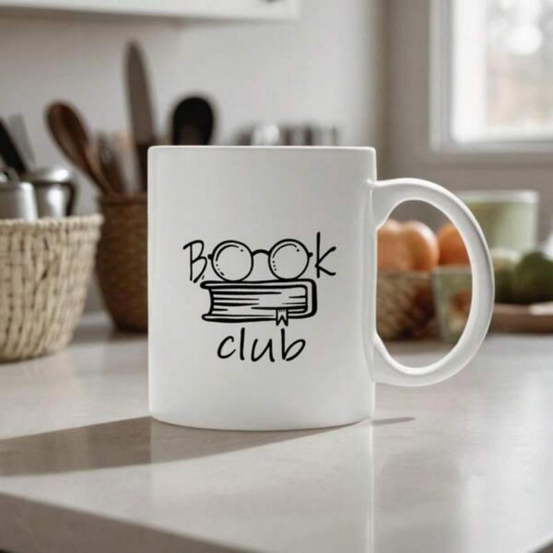 Tailorly White Ceramic 11 oz Mug - Book Club Elegant Black Minimalist Book With Round Reading Glasses Artistic Design Book