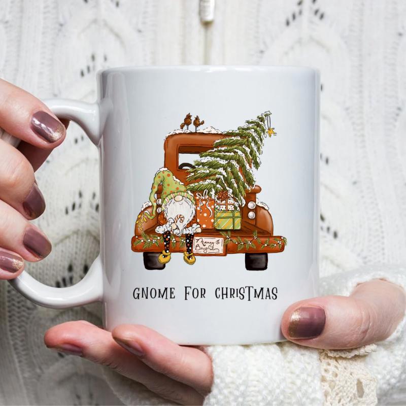 Tailorly White Ceramic 11 oz Mug - Gnome For Christmas Vintage Brown Truck Carrying Evergreen Tree And Colorful Gifts With Gnome