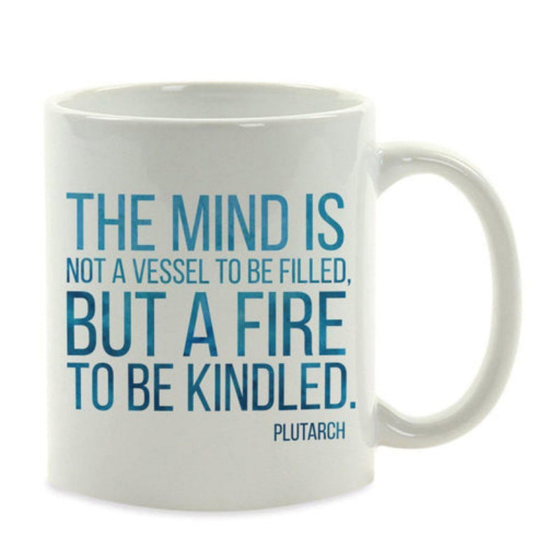 Tailorly White Ceramic 11 oz Mug - The Mind Is Not A Vessel To Be Filled But A Fire To Be Kindled Plutarch Glossy Ceramic Surface With Blue Minimalist Motivational