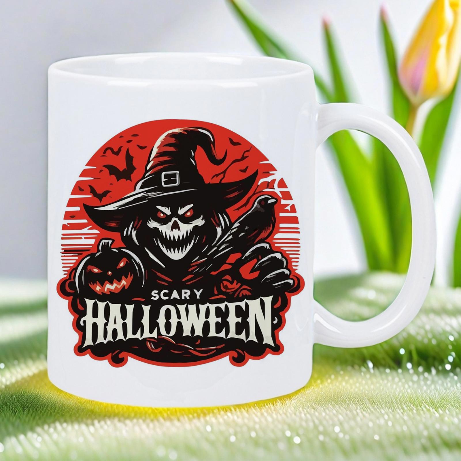 Tailorly White Ceramic 11 oz Mug - Scary Halloween Spooky Skeleton Wearing Witch Hat Clutching A Carved Pumpkin Reaper