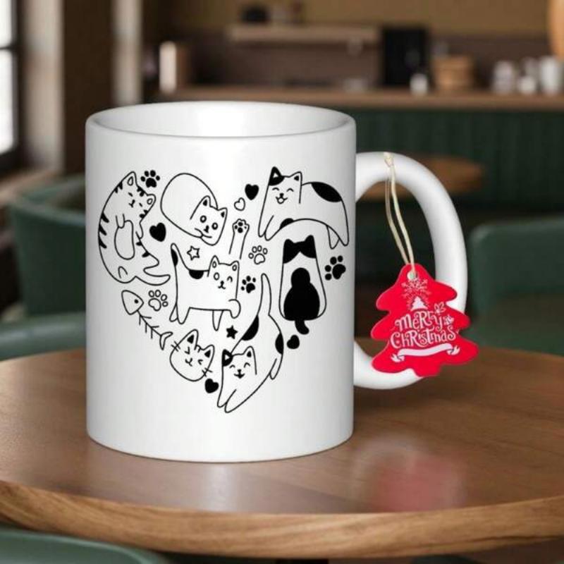 Tailorly White Ceramic 11 oz Mug - Merry Christmas Adorable Cartoon Felines Arranged In A Heart Shape With Small Paws Cat