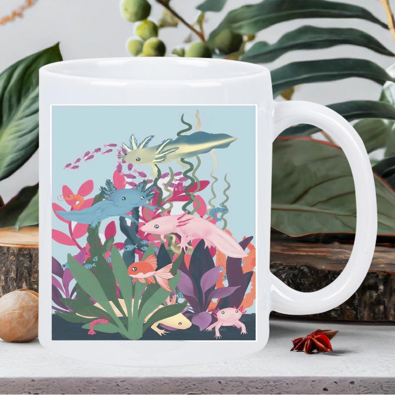 Tailorly White Ceramic 11 oz Mug - Colorful Aquatic Plants Surrounded By Graceful Swimming Tiny Creatures Under The Water Axolotl