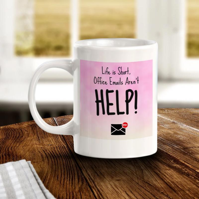 Tailorly White Ceramic 11 oz Mug - Life Is Short Office Emails Aren't Help Minimalist Pink Background Featuring A Small Black Notification Icon Envelope Mug