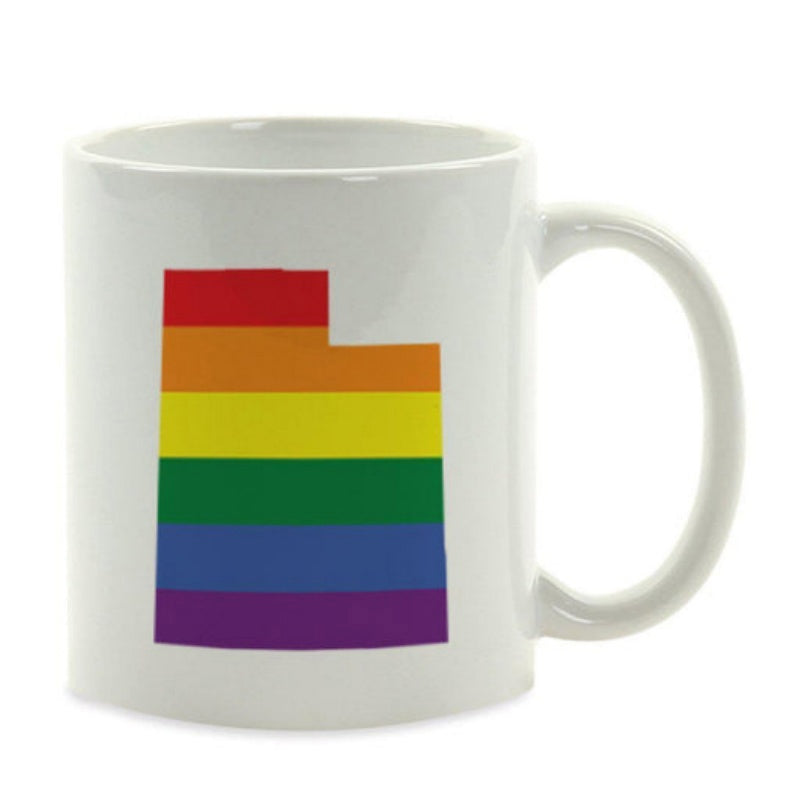 Tailorly White Ceramic 11 oz Mug - Minimalist Utah State Silhouette Map With Vibrant Rainbow Pride Flag Colors Mug