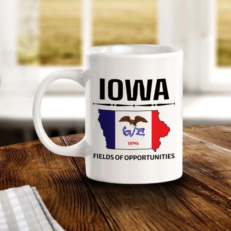 Tailorly White Ceramic 11 oz Mug - Iowa Fields Of Opportunities Featuring Patriotic State Flag Colors Within A Detailed Geography Map