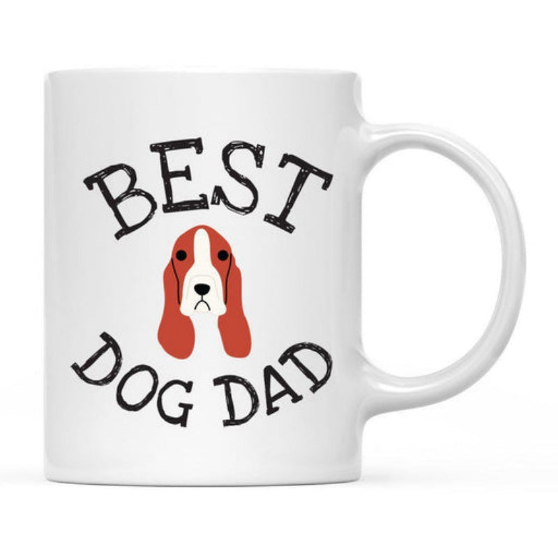 Tailorly White Ceramic 11 oz Mug - Best Dog Dad Minimalist Flat Art Style Of A Long Eared Basset Hound Dog