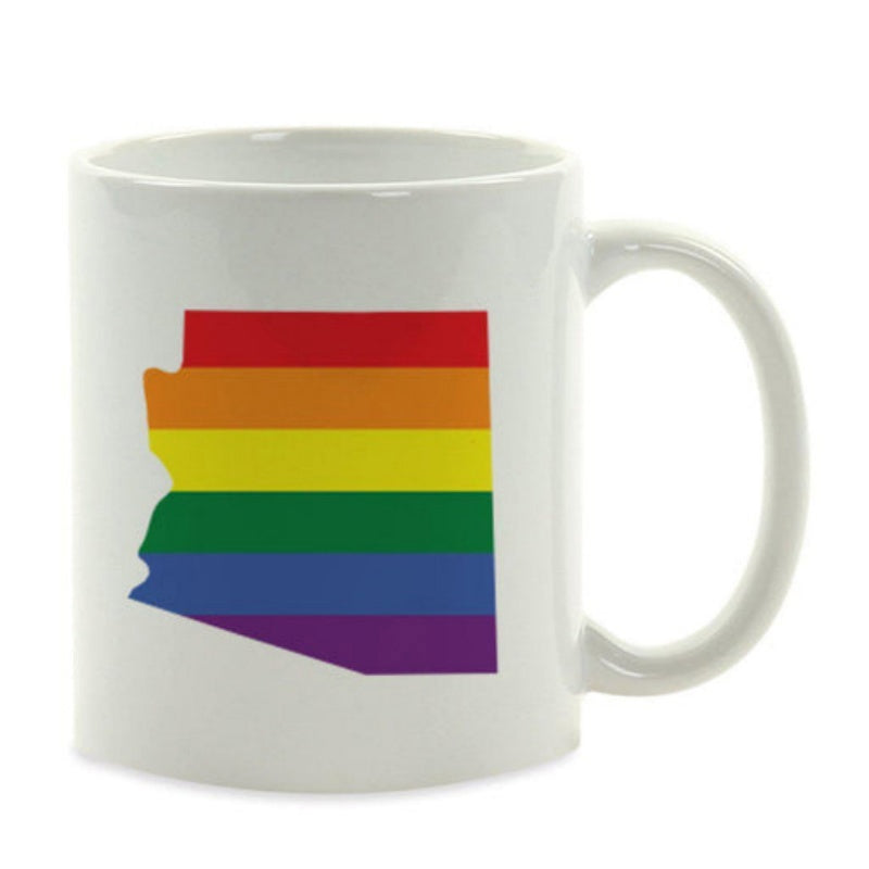 Tailorly White Ceramic 11 oz Mug - Vibrant Striped Rainbow Colors Highlighting A Majestic Pride Map Arizona