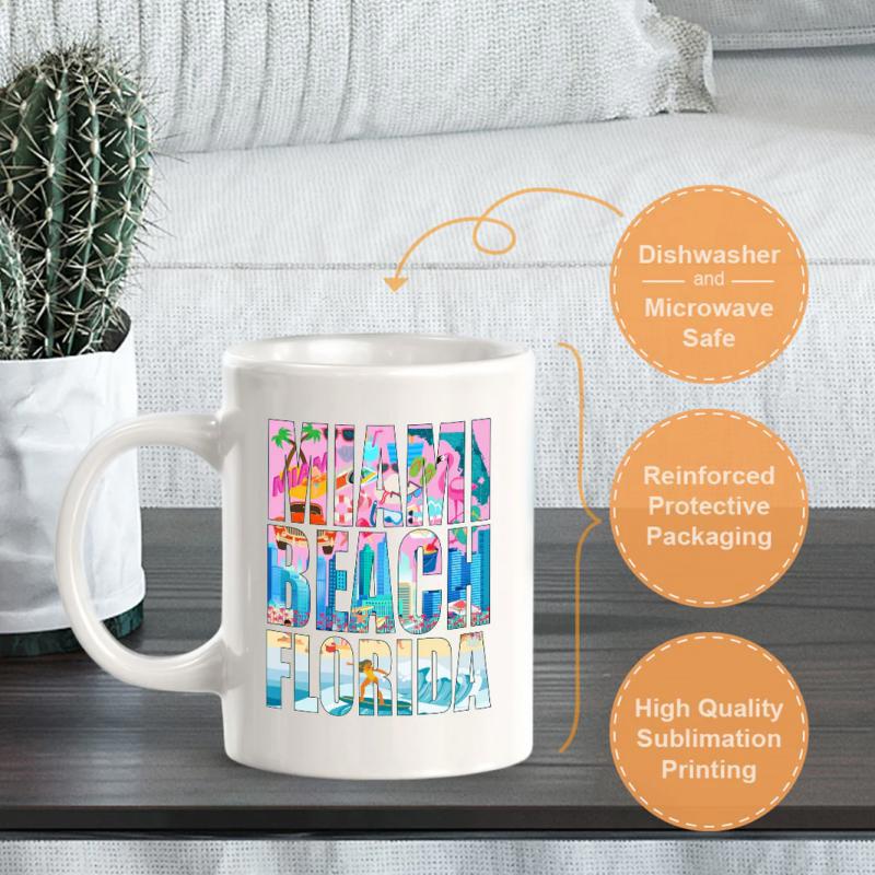 Tailorly White Ceramic 11 oz Mug - Miami Beach Florida Vibrant Tropical Summer Scenes With Pink Flamingos And Exotic Palm Trees Scene