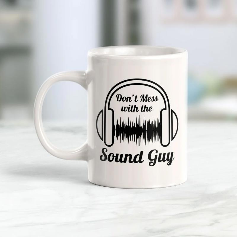 Tailorly White Ceramic 11 oz Mug - Don't Mess With The Sound Guy Minimalist Black Headphone Outline With Digital Audio Waveform On Ceramic Mug