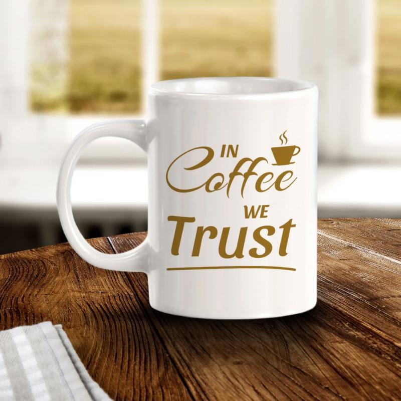 Tailorly White Ceramic 11 oz Mug - In Coffee We Trust Minimalist White Ceramic With Elegant Golden Script Design Steaming Mug