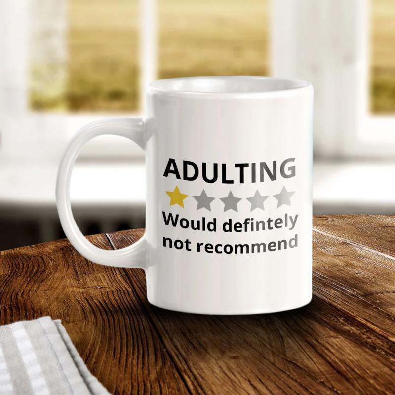 Tailorly White Ceramic 11 oz Mug - Adulting Would Definitely Not Recommend Modern Minimalist Style With Five Rating Stars Mug