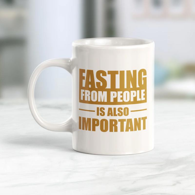 Tailorly White Ceramic 11 oz Mug - Fasting From People Is Also Important Minimalist White Ceramic Vessel Sitting On A Bright Marble Surface Mug