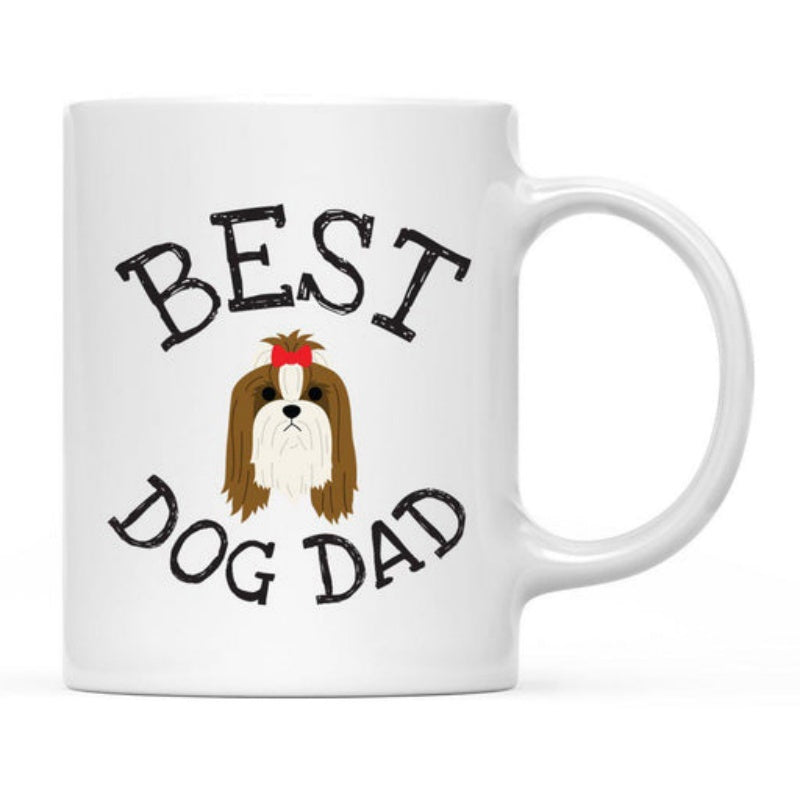 Tailorly White Ceramic 11 oz Mug - Best Dog Dad Adorable Fluffy Shih Tzu Dog With A Tiny Red Hair Bow Dog
