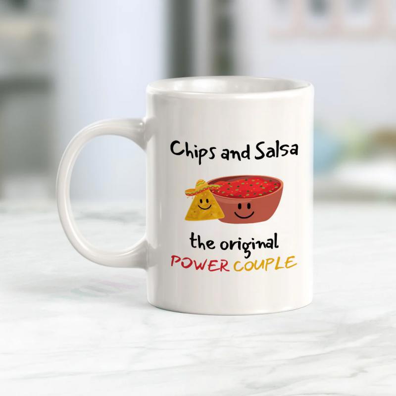 Tailorly White Ceramic 11 oz Mug - Chips And Salsa The Original Power Couple Smiling Cartoon Tortilla Chip Next To A Happy Red Bowl Of Salsa