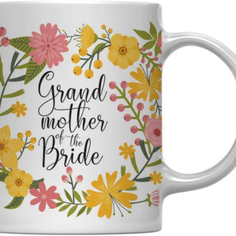 Tailorly White Ceramic 11 oz Mug - Grandmother Of The Bride Colorful Spring Flowers And Green Leaves Forming A Circular Wreath Floral