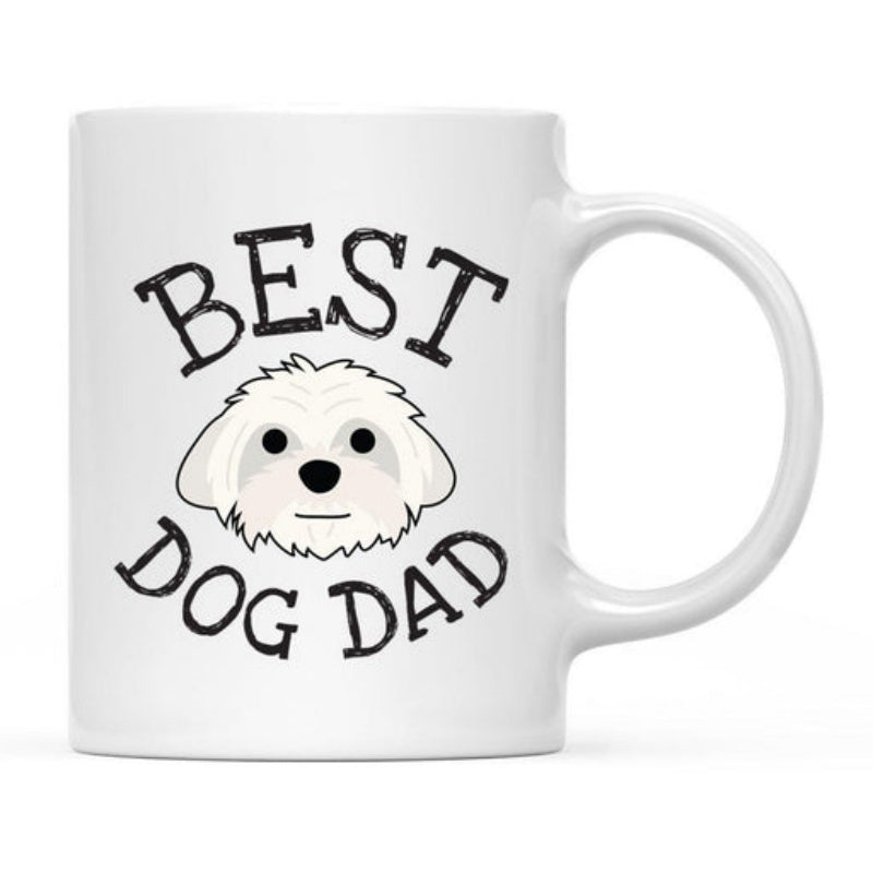 Tailorly White Ceramic 11 oz Mug - Best Dog Dad Adorable White Cartoon Canine Face Featuring Weathered Vintage Style Lettering Dog