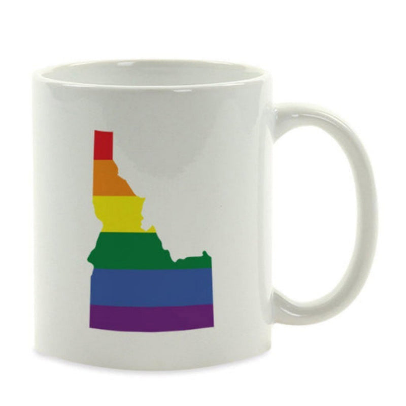 Tailorly White Ceramic 11 oz Mug - Vibrant Rainbow Pride Flag Stripes Within The Boundary Map Silhouette Idaho