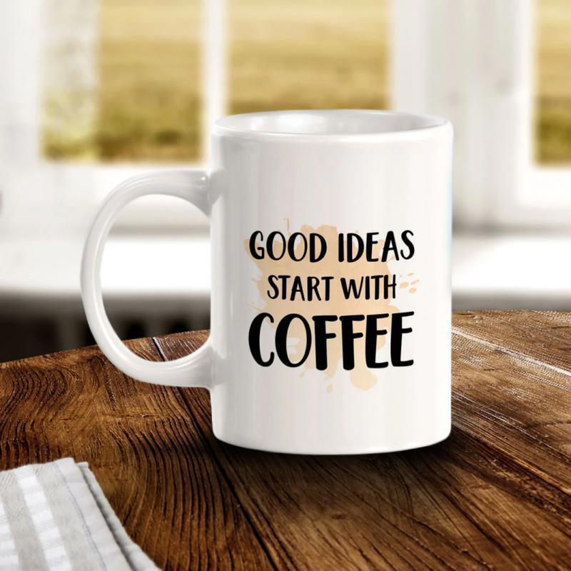 Tailorly White Ceramic 11 oz Mug - Good Ideas Start With Coffee Minimalist Ceramic Surface With Artistic Brown Watercolor Stain Message Mug