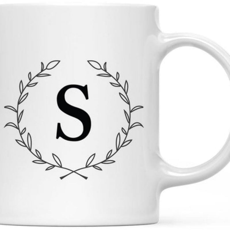 Tailorly White Ceramic 11 oz Mug - S Elegant Minimalist Laurel Wreath Circular Frame Featuring A Classic Letter Monogram