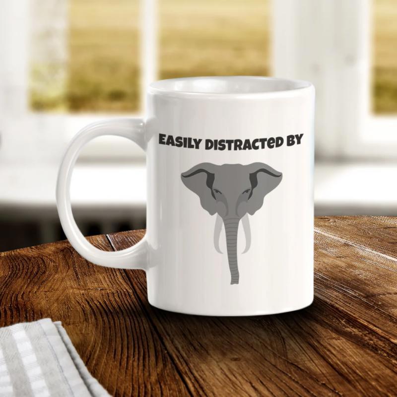 Tailorly White Ceramic 11 oz Mug - Easily Distracted By Majestic Grey Animal Head With Tusks And Ears Elephant