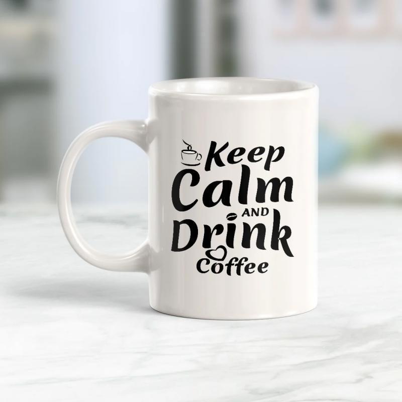 Tailorly White Ceramic 11 oz Mug - Keep Calm And Drink Coffee Minimalist Decorative Typography Featuring Small Steaming Cup Heart And Bean Coffee