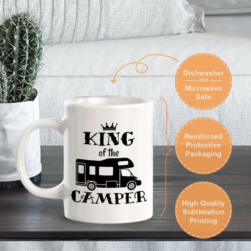 Tailorly White Ceramic 11 oz Mug - King Of The Camper Classic Traveling Vehicle Silhouette With Small Royal Crown Floating Above Its Roof Camper