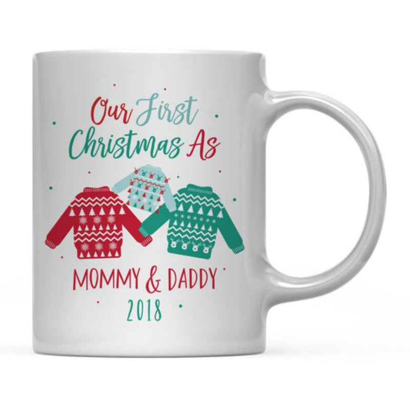 Tailorly White Ceramic 11 oz Mug - Our First Christmas As Mommy Daddy 2018 Three Festive Colorful Knitted Ugly Holiday Sweaters Surrounded By Tiny Snowflakes