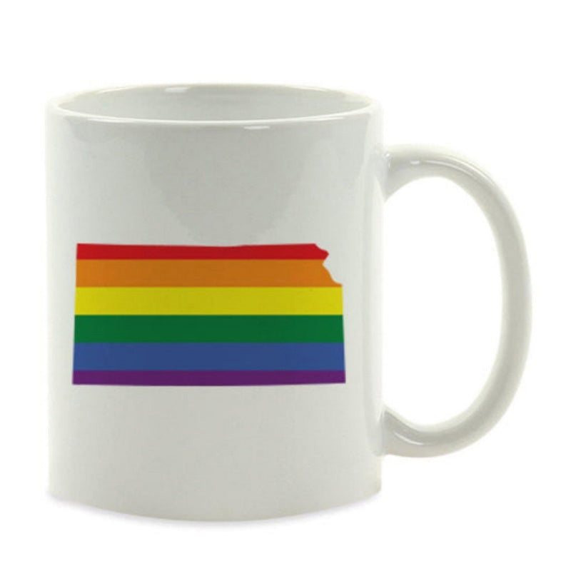 Tailorly White Ceramic 11 oz Mug - Vibrant Rainbow Stripes Filling A Silhouette Of The American State Kansas