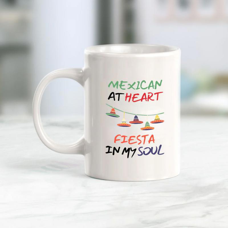 Tailorly White Ceramic 11 oz Mug - Mexican At Heart Fiesta In My Soul Colorful Hanging Sombreros Arranged On A Decorative Festive Bunting String Sombrero
