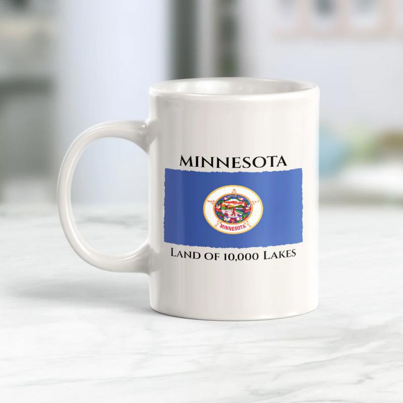 Tailorly White Ceramic 11 oz Mug - Minnesota Land Of 10000 Lakes Iconic Blue Seal Featuring Detailed Historic Symbols Of Northern Heritage Flag