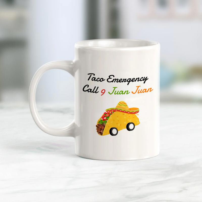 Tailorly White Ceramic 11 oz Mug - Taco Emergency Call 9 Juan Juan Whimsical Mexican Food Truck With Sombrero Rolling On Small Wheels Taco