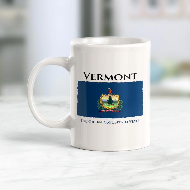 Tailorly White Ceramic 11 oz Mug - Vermont The Green Mountain State Official State Flag With Blue Field And Traditional Heritage Seal Sign