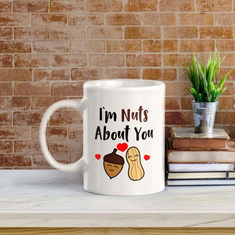 Tailorly White Ceramic 11 oz Mug - Im Nuts About You Adorable Smiling Cartoon Acorn And Peanut Characters With Floating Red Hearts Mug