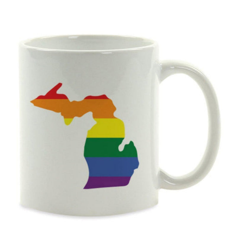 Tailorly White Ceramic 11 oz Mug - Rainbow Pride Colors Filling Silhouette Of Iconic Great Lakes Region State Michigan