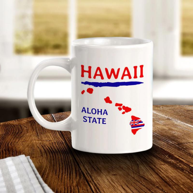 Tailorly White Ceramic 11 oz Mug - Hawaii Aloha State Vibrant Red Island Silhouettes With Blue Artistic Brushstroke Accentuated Map