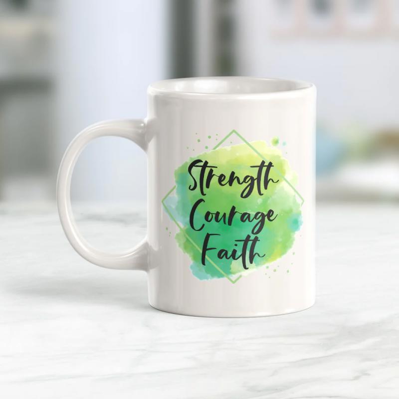 Tailorly White Ceramic 11 oz Mug - Strength Courage Faith Artistic Green Watercolor Splash Set Behind Minimalist Diamond Shaped Outlines Mug
